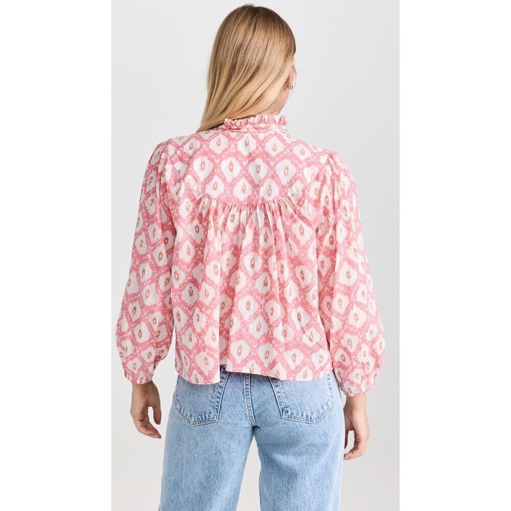 Marea Georgia Top XS Golden Hour Pink Print Cotton Tassel Tie Ruffle Blouse - Picture 3 of 9